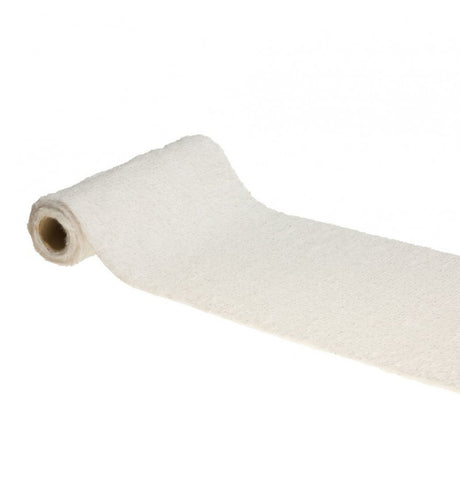 The image shows a white table runner with silver filaments, designed for party table decoration.