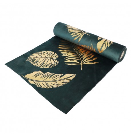 The image shows a green velvet table runner with gold leaf patterns, designed for party or festive table settings.