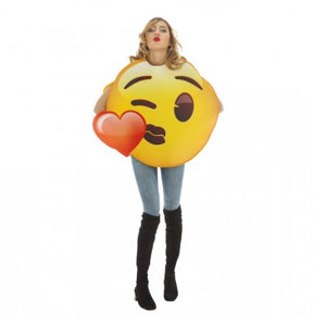 The image features a large, round yellow emoji face with a winking eye and a tongue sticking out, commonly known as the "winking tongue out" emoji. The emoji is printed on a flat, circular object, likely a party decoration or accessory.