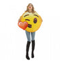 The image features a large, round yellow emoji face with a winking eye and a tongue sticking out, commonly known as the "winking tongue out" emoji. The emoji is printed on a flat, circular object, likely a party decoration or accessory.