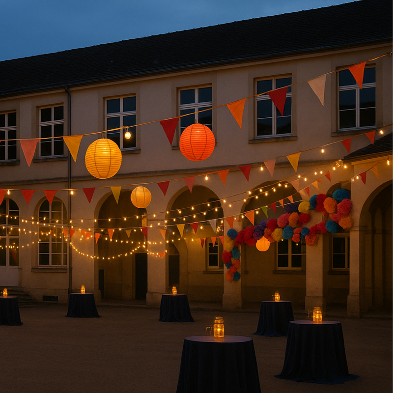 Cour de collège décorée pour un bal des 3èm : banderoles et éléments décoratifs accrochés aux bâtiments, petites tables décorées