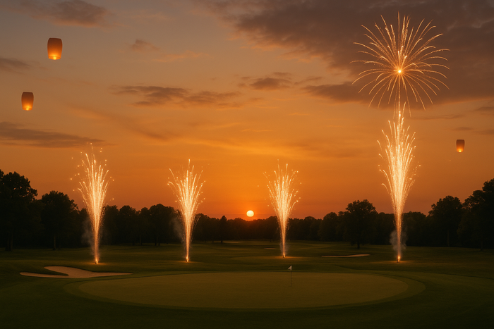 Petit feu d'artifice autour d'un golf au coucher de soleil avec quelques lampions dans le ciel, éclairage doré, cadre de golf green, feux d'artifice doux, lampions flottants