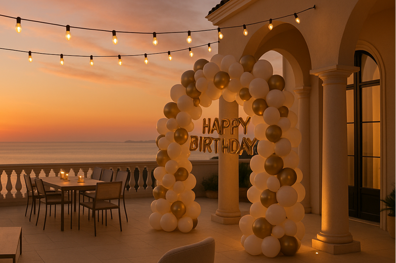 Terrasse de villa de luxe avec vue mer au coucher du soleil, décorée pour un anniversaire haut de gamme : arche de ballons blancs et dorés, guirlandes lumineuses élégantes, mobilier chic minimaliste. Ambiance premium et élégante, aucun invité, style photo réaliste, horizontal 16:9 - European style