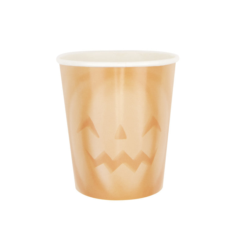 Gobelets carton 200 ml motif citrouille pastel, intérieur PLA (amidon de maïs), lot de 8 — gobelets écologiques pour fête Halloween et anniversaire enfant