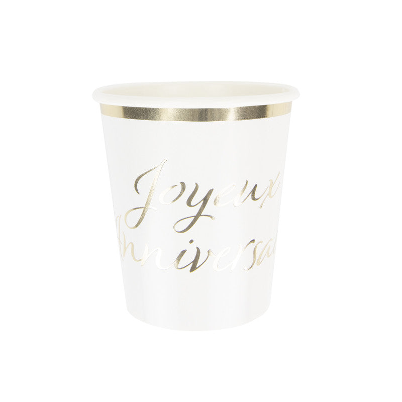 Gobelets 200ml jetables en papier imprimés "Joyeux Anniversaire" en doré, lot de 8, papier 300 g certifié FSC, parfaits pour fêtes d'anniversaire