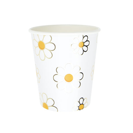 Pack de 8 gobelets jetables 200 ml motif marguerite avec détails dorés, certification FSC, design hippy années 70 pour fêtes et Pâques