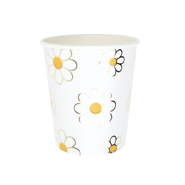 Pack de 8 gobelets jetables 200 ml motif marguerite avec détails dorés, certification FSC, design hippy années 70 pour fêtes et Pâques