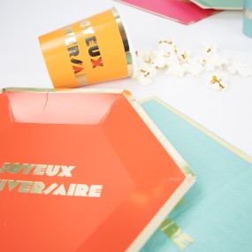 Gobelets anniversaire multicolores  – lot de 8 – 200 ml, doré