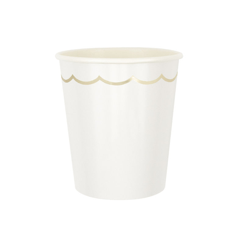 Gobelets festonnés blancs et or 200ml en papier FSC avec intérieur PLA (amidon de maïs), gobelets jetables élégants pour fête, mariage ou anniversaire, lot de 8