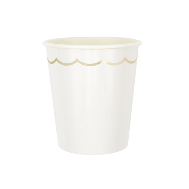 Gobelets festonnés blancs et or 200ml en papier FSC avec intérieur PLA (amidon de maïs), gobelets jetables élégants pour fête, mariage ou anniversaire, lot de 8