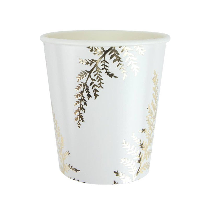 Gobelets festonnés 200ml blancs en carton avec film PLA (amidon de maïs), motif fougère doré, pack de 8, certifiés FSC, vaisselle jetable chic et écologique pour fêtes, mariages et anniversaires.