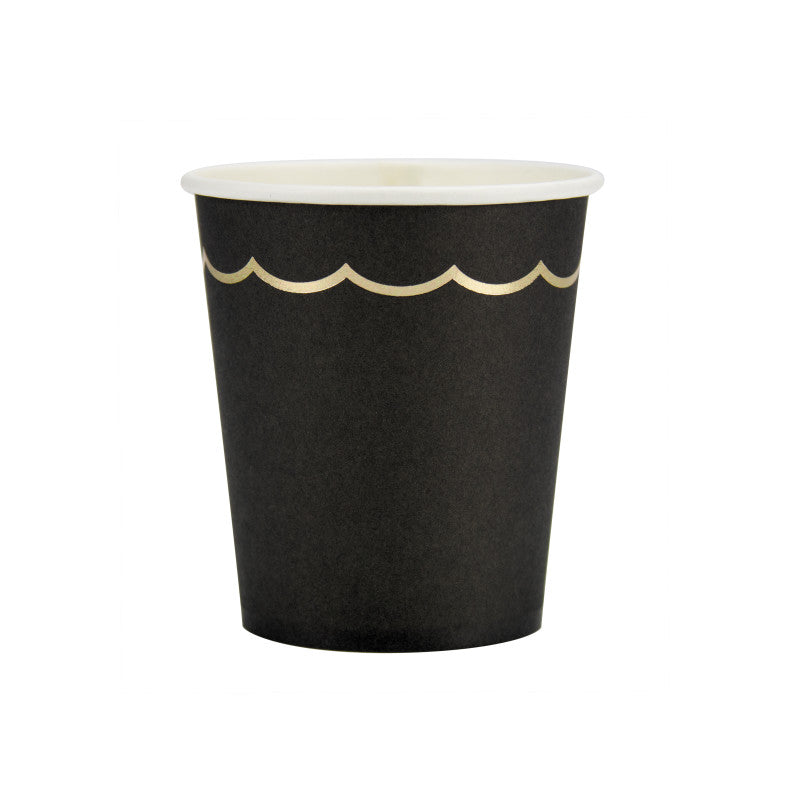 Gobelets festonnés noirs et or en papier FSC 200ml pack de 8, gobelets jetables élégants pour fête, anniversaire, Halloween et Nouvel An