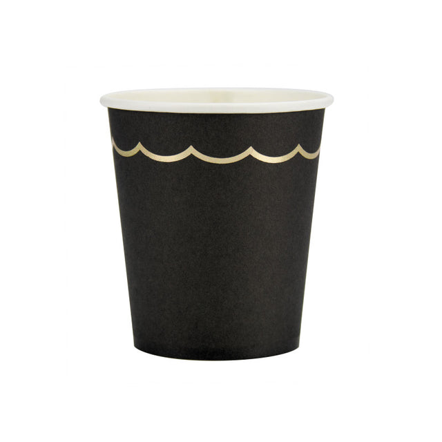 Gobelets festonnés noirs et or en papier FSC 200ml pack de 8, gobelets jetables élégants pour fête, anniversaire, Halloween et Nouvel An