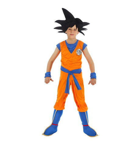 The image features a large party decoration set themed around Goku in his Super Saiyan form from Dragon Ball Super, consisting of 7 pieces and measuring 128 cm.