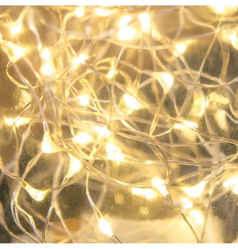 The image shows a string of 100 mini warm white LED lights, likely intended for decorative use at parties or events.