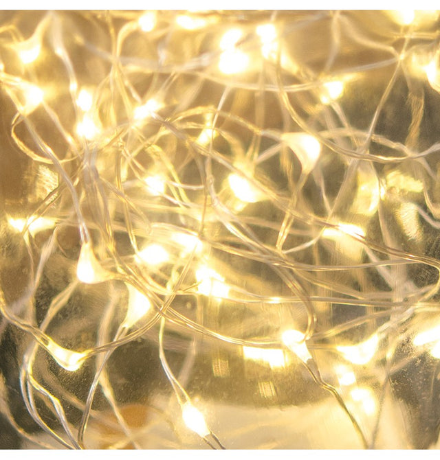 The image shows a string of 100 mini warm white LED lights, likely intended for decorative use at parties or events.