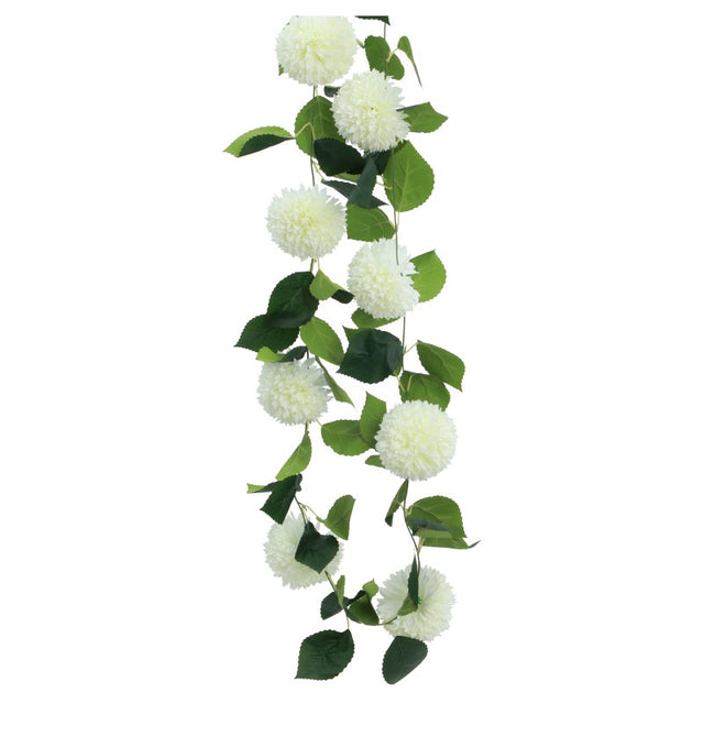 The image shows a decorative garland featuring nine white dahlia flowers arranged along a 220 cm string, suitable for party or event decoration.