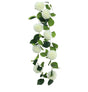 The image shows a decorative garland featuring nine white dahlia flowers arranged along a 220 cm string, suitable for party or event decoration.