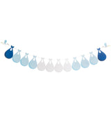 The image shows a blue and white customizable "Baby Shower" garland decoration, measuring 240 cm x 22 cm, designed for party use.