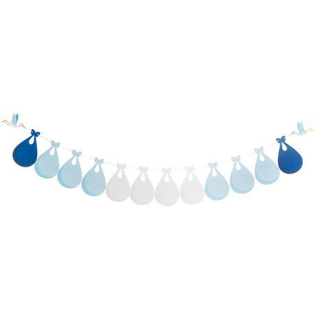 The image shows a blue and white customizable "Baby Shower" garland decoration, measuring 240 cm x 22 cm, designed for party use.