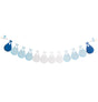 The image shows a blue and white customizable "Baby Shower" garland decoration, measuring 240 cm x 22 cm, designed for party use.