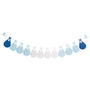 The image shows a blue and white customizable "Baby Shower" garland decoration, measuring 240 cm x 22 cm, designed for party use.