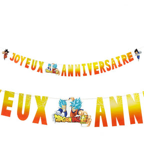 The image shows a "Joyeux Anniversaire" (Happy Birthday) garland featuring Dragon Ball Super characters, designed as a party decoration.