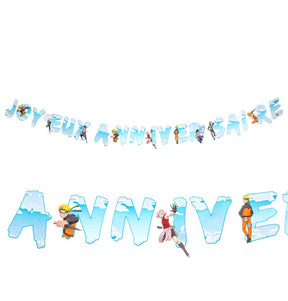 The image shows a "Joyeux Anniversaire" (Happy Birthday) garland featuring Naruto Shippuden characters, designed as a party decoration.