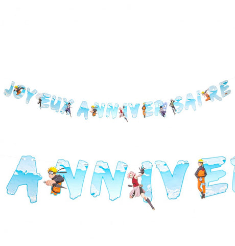 The image shows a "Joyeux Anniversaire" (Happy Birthday) garland featuring Naruto Shippuden characters, designed as a party decoration.
