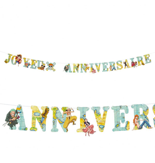 The image shows a "Joyeux Anniversaire" (Happy Birthday) party garland featuring the One Piece anime theme, with colorful character illustrations and festive design elements.