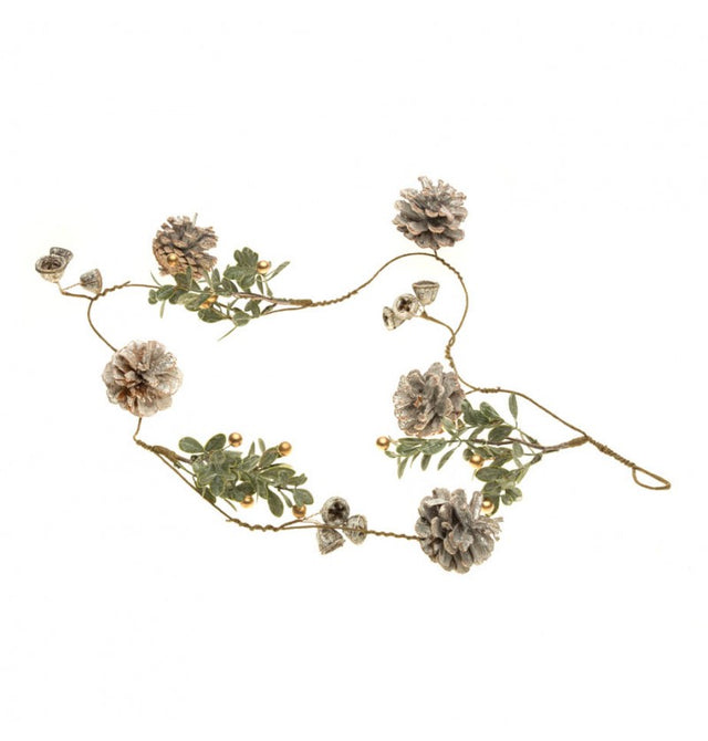The image shows a decorative garland featuring frosted pine cones, white-washed foliage, and gold berries, measuring 120 cm in length.