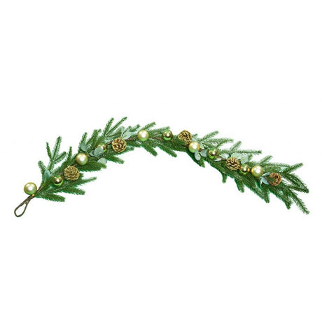 The image shows a realistic-looking garland made of artificial green pine branches, decorated with gold baubles, pine cones, and glitter accents, suitable for festive party decoration.