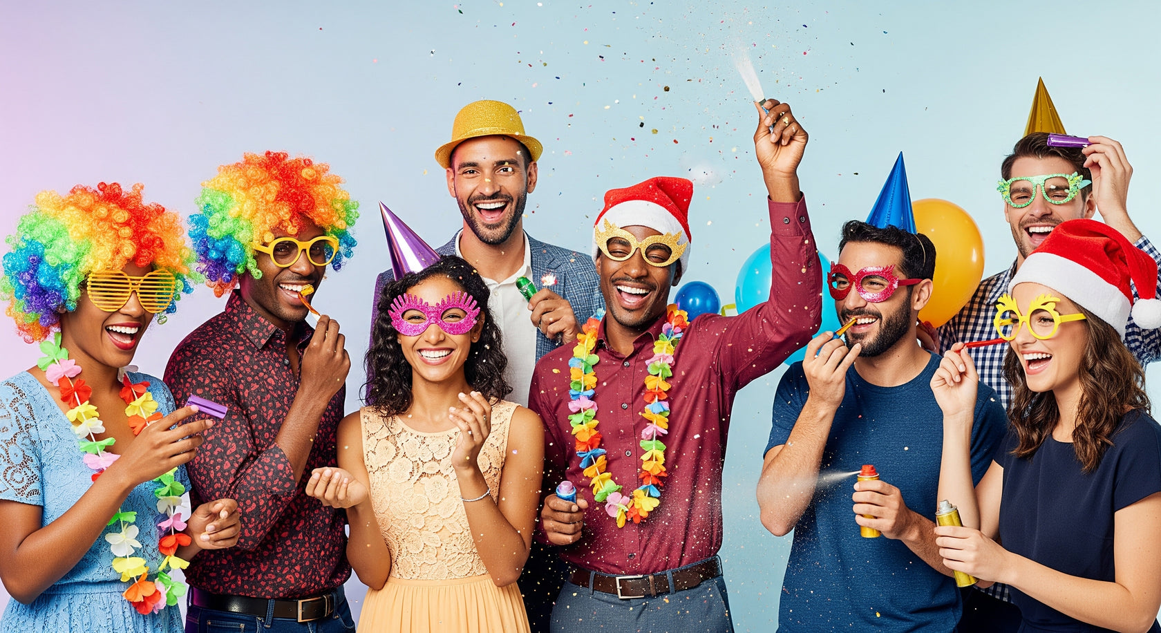 Groupe d’amis en fête portant des déguisements colorés, perruques, chapeaux et lunettes fantaisie, célébrant un événement festif avec confettis et ballons.