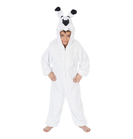 The image features a large plush toy of Idefix (Dogmatix), the dog character from the Asterix comic series, measuring approximately 104 cm in height. The plush is white with black ears and a black nose, and it is designed to be a recognizable, playful party decoration or accessory.