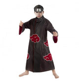 The image features a 2-piece Itachi Uchiha costume set from Naruto Shippuden, displayed on a hanger. The set includes a long black cloak with red cloud patterns and a matching headband, both iconic to the character.