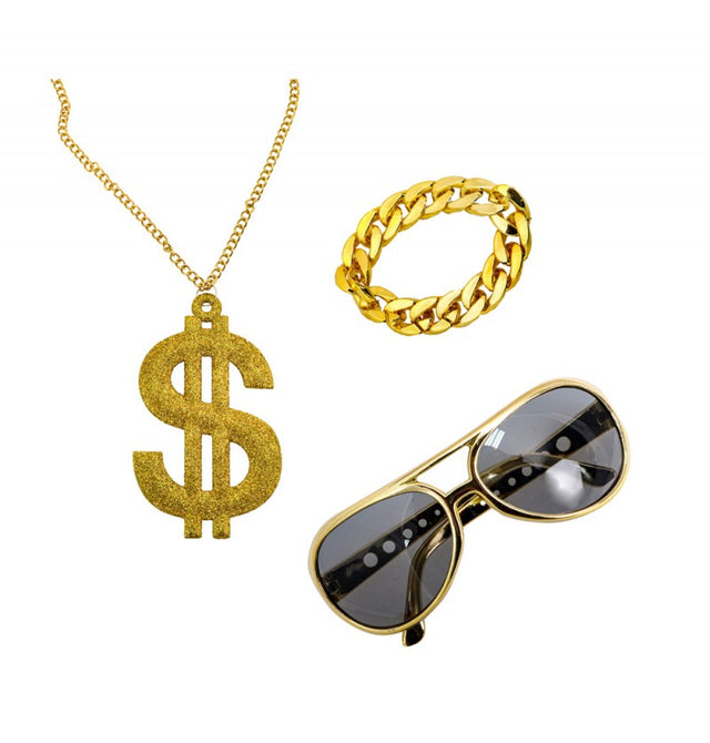 The image shows a "Gangsta" party kit consisting of three costume accessories: a black fedora hat, a white tie, and a pair of black sunglasses, all designed for a gangster-themed party.