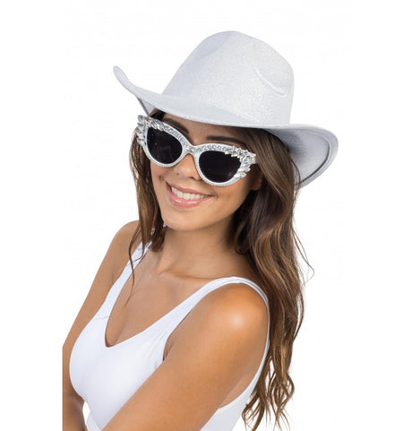 The image shows a pair of oversized white party glasses adorned with large silver rhinestones, measuring approximately 15cm x 15cm x 5.