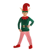 The image shows a children's elf costume set consisting of three pieces, designed with a red and green striped pattern. The set includes a pointed hat, a long-sleeved top, and matching pants, all featuring festive holiday colors and playful details.
