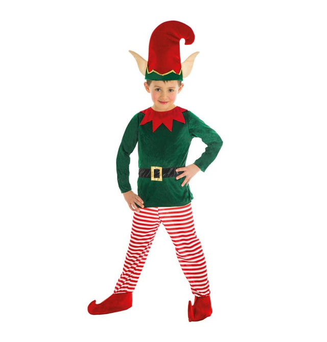The image shows a children's elf costume set consisting of three pieces, designed with a red and green striped pattern. The set includes a pointed hat, a long-sleeved top, and matching pants, all featuring festive holiday colors and playful details.