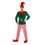 The image shows a three-piece elf costume set, featuring a red and green striped theme suitable for festive or holiday parties.