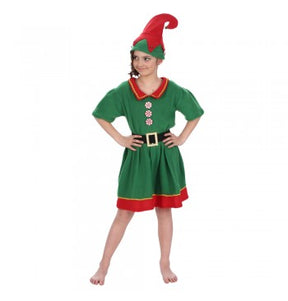 The image shows a children's costume set themed around a green and red elf or "lutine" (female elf), consisting of three pieces.
