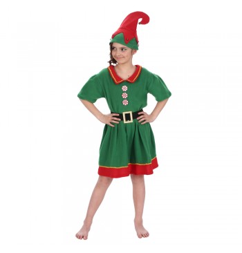 The image shows a children's costume set themed around a green and red elf or "lutine" (female elf), consisting of three pieces.