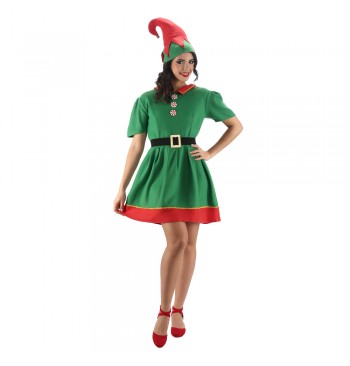 The image shows a festive costume set consisting of a green and red elf or "lutine" outfit, including a hat, dress, and belt, designed for party or holiday celebrations.