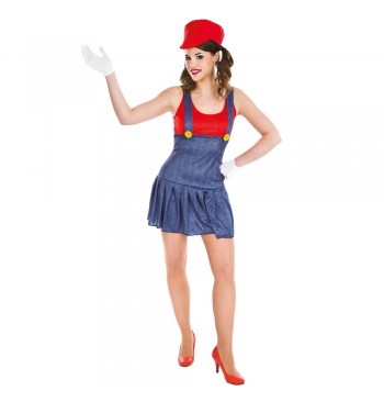 The image shows a woman dressed in a red "Miss Plombier" (Miss Plumber) costume, which consists of a red crop top and a red mini skirt, accessorized with a yellow tool belt and a red cap. The outfit is styled to resemble a playful, party-themed plumber character.