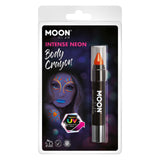The image shows a package of Moon Glow Intense Neon UV Body Crayons in orange, designed for party use, especially under UV or blacklight.
