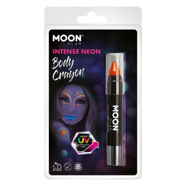 The image shows a package of Moon Glow Intense Neon UV Body Crayons in orange, designed for party use, especially under UV or blacklight.
