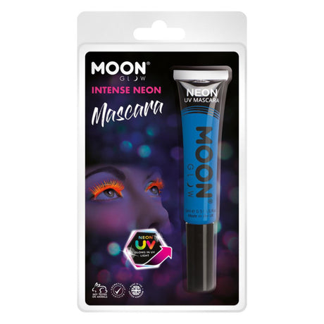 The image shows a clamshell package containing "Moon Glow Intense Neon UV Mascara" in blue, with a 15ml tube.