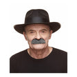 The image shows a novelty fake moustache accessory, specifically a "brosse" (brush) style in a salt-and-pepper (gray and black) color pattern, typically used for costume or party purposes.