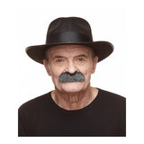 The image shows a novelty fake moustache accessory, specifically a "brosse" (brush) style in a salt-and-pepper (gray and black) color pattern, typically used for costume or party purposes.