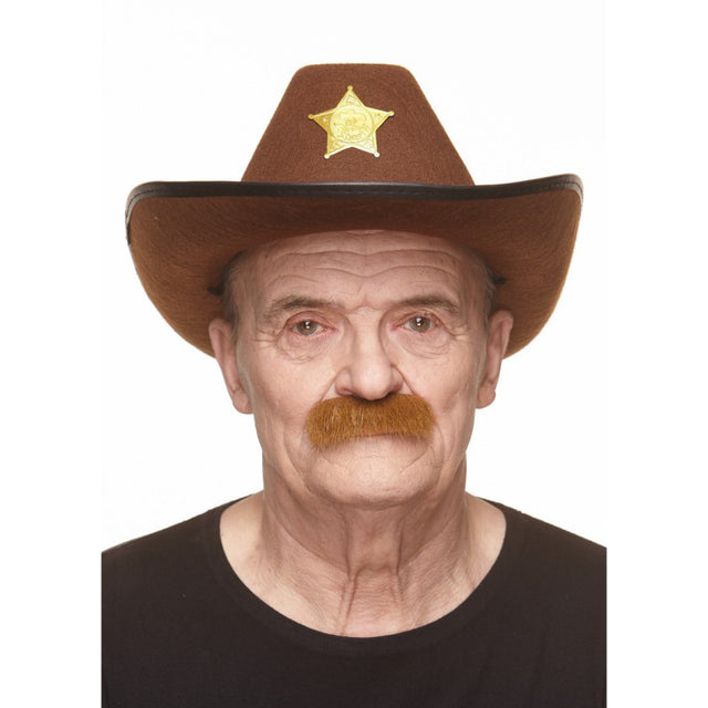 The image shows a novelty party accessory, specifically a fake mustache with a brush-like texture and a reddish-brown (russet) color, designed for costume use.